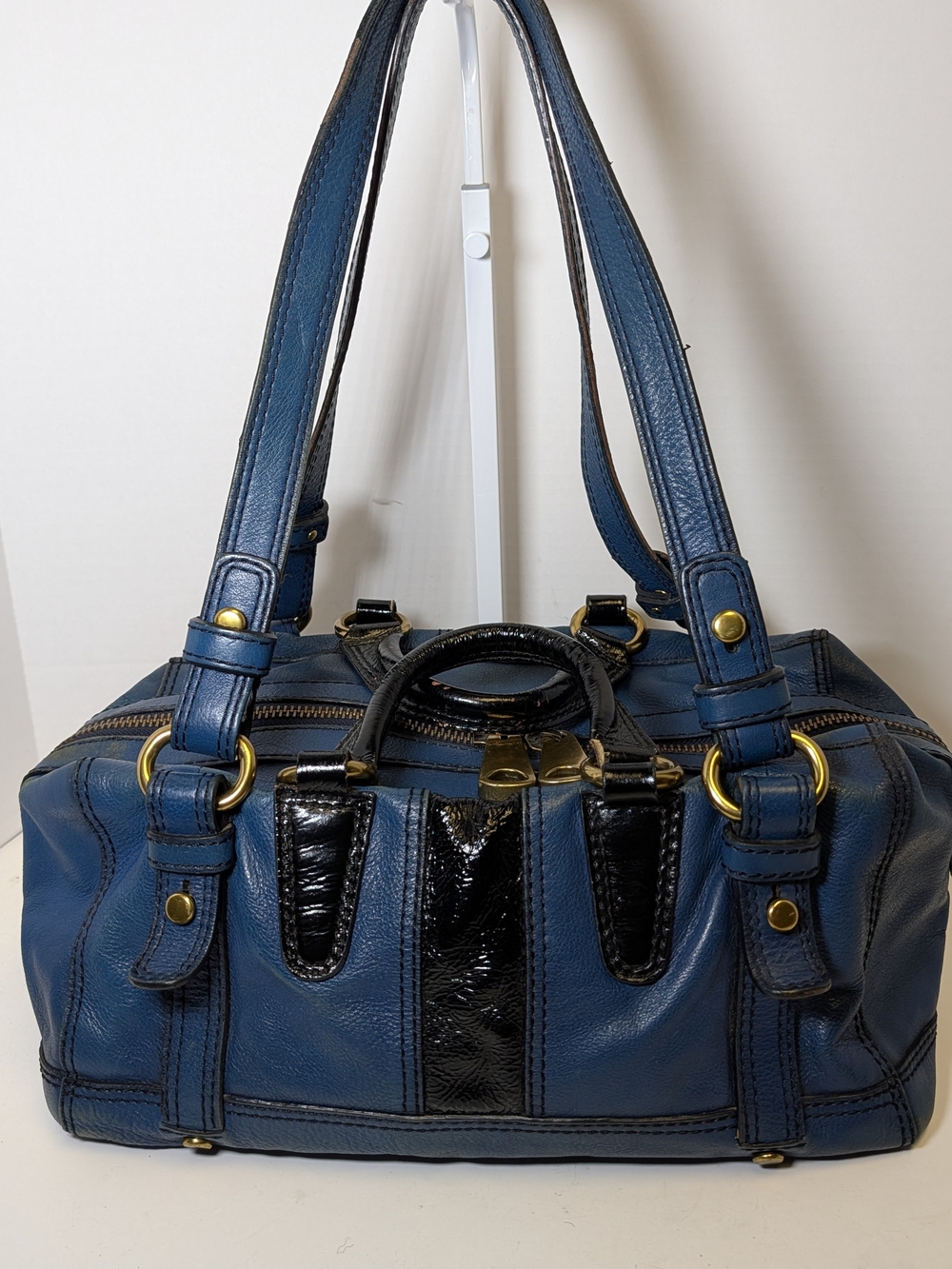 Fossil Navy Leather Satchel with Black Patent Accents